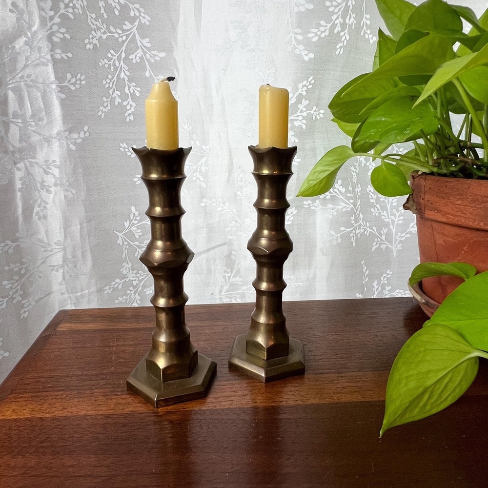 A Pair of Vintage Gothic /Neoclassical   Style Solid Brass Candlesticks Heavy